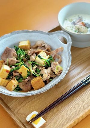 豚肉と豆苗・厚揚げのピリ辛ポン酢炒め-レシピのメイン写真