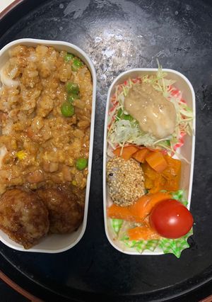 全てレンジ簡単キムチ焼きそば味炒飯弁当-レシピのメイン写真