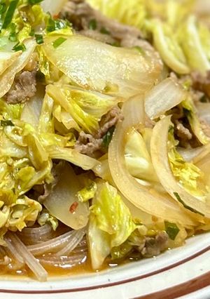 春野菜の回鍋肉を葛切りにかけて-レシピのメイン写真