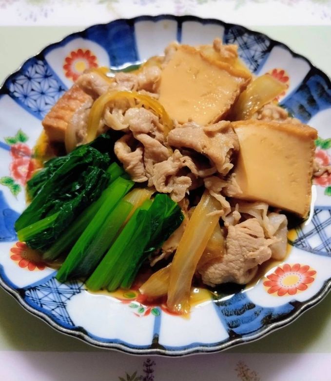 簡単夕飯レンジ味しみ柔らか豚肉小松菜厚揚げ肉豆腐-レシピのメイン写真