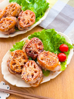 豚こま肉で蓮根のはさみ焼き♩-レシピのメイン写真