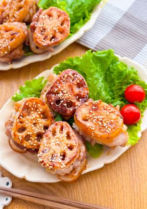 豚こま肉で蓮根のはさみ焼き♩-レシピのメイン写真