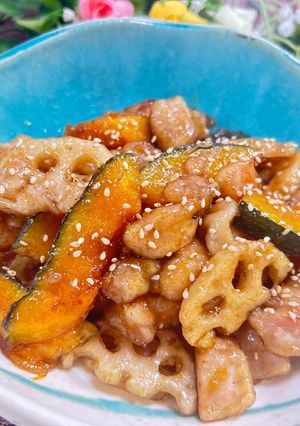 カボチャとレンコンと鶏肉の甘酢炒め-レシピのメイン写真