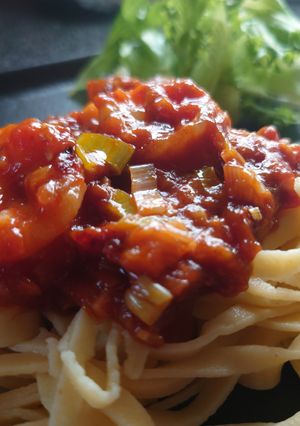 トマト水煮缶で作るエビチリフェットチーネ-レシピのメイン写真