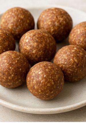 「タヒニデーツエナジーボール（Tahini Date Energy Balls）」は、火を使わずに作れるヘルシーなおやつの一種です-レシピのメイン写真