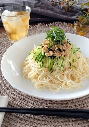 混ぜるだけ☆大葉香るツナ塩昆布素麺。-レシピのメイン写真