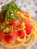 簡単☆とうもろこしトマト大葉の冷製パスタ