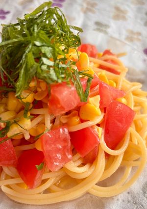 簡単☆とうもろこしトマト大葉の冷製パスタ-レシピのメイン写真