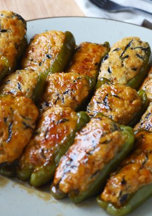 鶏ひきで☆ピーマンの肉詰めの甘酢照り焼き-レシピのメイン写真