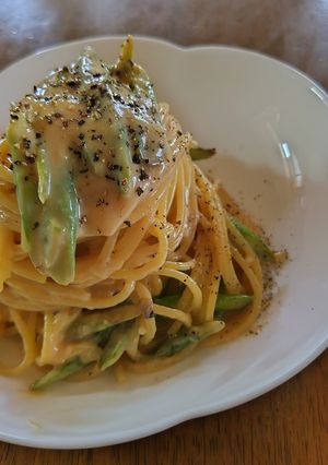 グリーンアスパラの釜玉バター醤油パスタ-レシピのメイン写真