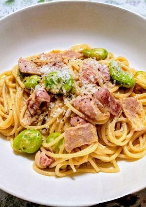 簡単ランチ!ベーコンそら豆クリームパスタ-レシピのメイン写真
