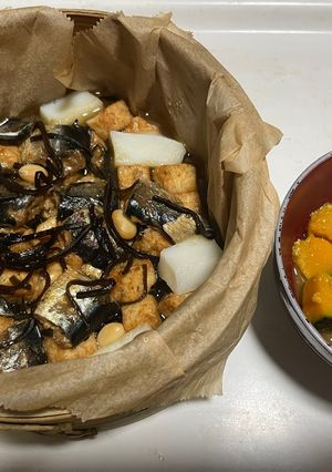 鰯厚揚げひじきやわらか蒸し煮＆かぼちゃの味噌汁-レシピのメイン写真