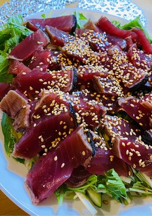 カツオのたたきと水菜ときゅうりのサラダ♩-レシピのメイン写真