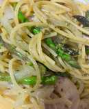 簡単　アスパラと豚肉のバジルソースパスタ