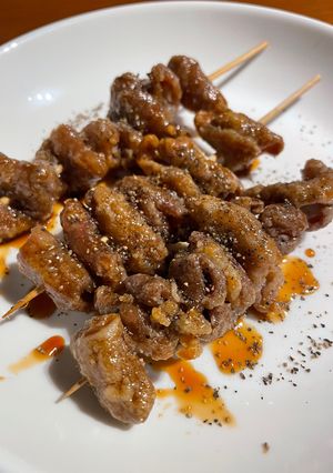 エアフライヤーで外カリ中もち伝串風もつ串-レシピのメイン写真