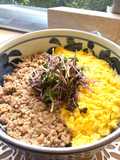 【簡単三色丼】鶏そぼろ丼とかいわれのごま和え