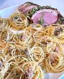 かつお酒盗バーニャdeくるくるパスタ