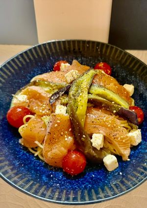 梅✖️柚子胡椒のトロ茄子サーモン冷製パスタ-レシピのメイン写真