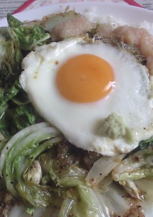 備蓄米でカフェ丼V63白菜炒め月見たらこ-レシピのメイン写真