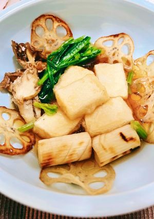 れんこん、焼きねぎ、きのこ入り揚げ出し豆腐-レシピのメイン写真