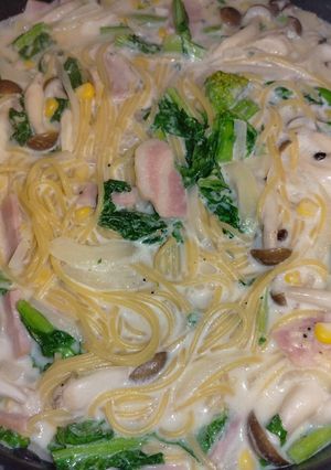 菜の花ベーコンしめじコーンのスープパスタ-レシピのメイン写真