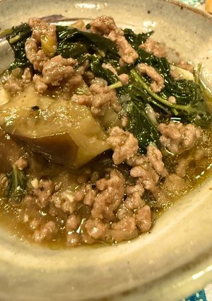 ナス、ひき肉、モロヘイヤの味噌炒め-レシピのメイン写真