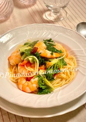 プチヴェール と海老のスパゲッティ-レシピのメイン写真