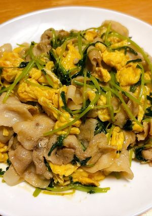豚ばら肉と豆苗と卵のオイスターソース炒め-レシピのメイン写真