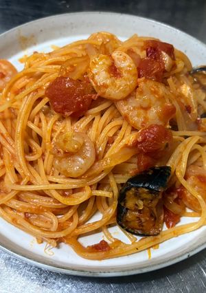 冷凍エビと揚げナスの絶品トマトパスタ-レシピのメイン写真