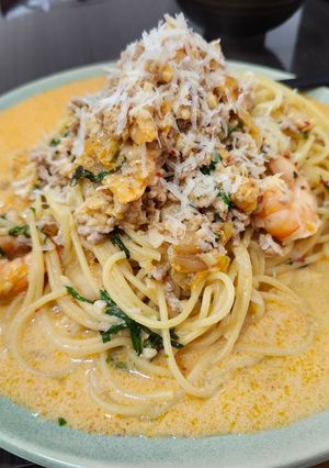 豚ひき肉とキムチで！韓国風豆乳クリームパスタ-レシピのメイン写真
