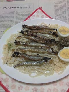 網焼き子持ちししゃも載せ焼きうどんゆで卵-レシピのメイン写真
