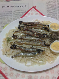 網焼き子持ちししゃも載せ焼きうどんゆで卵-レシピのメイン写真