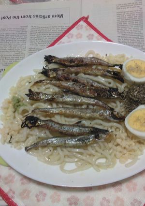 網焼き子持ちししゃも載せ焼きうどんゆで卵-レシピのメイン写真
