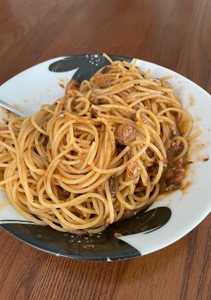 鯖のトマト煮缶で大盛りワンパンパスタ-レシピのメイン写真