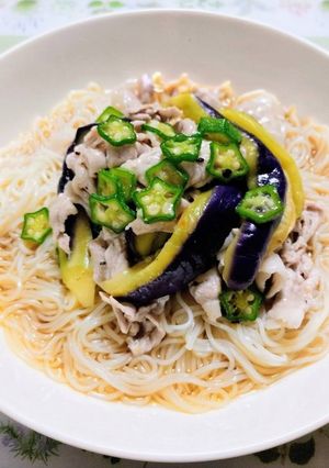 簡単夏の夕飯昼食！ヘルシーオクラなす豚しゃぶ素麺-レシピのメイン写真