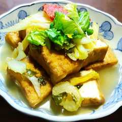 A picture of 厚揚げの煮物　青梅塩麹漬けセロリとドライトマトで.