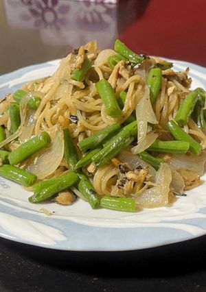 ツナと三度豆のお茶漬けパスタ-レシピのメイン写真