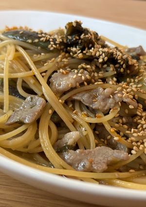 ワンパン！豚肉と茄子の和風高菜パスタ-レシピのメイン写真