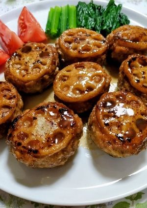 今日の夕飯！蓮根厚揚つくねハンバーグ主菜-レシピのメイン写真