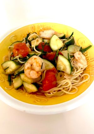 お店の味❣️花ニラと夏野菜とエビのスパゲッティ-レシピのメイン写真
