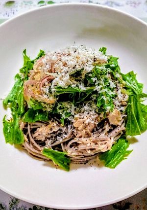 簡単昼食！水菜ツナ茗荷そば和風冷製パスタ-レシピのメイン写真