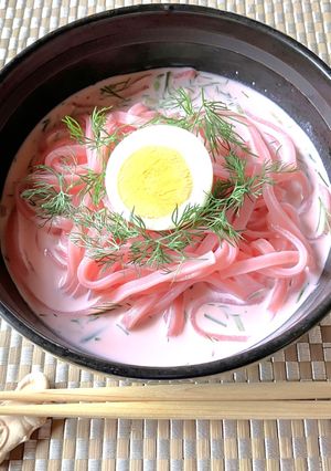 ヤドンさぬきうどん＆ラトビアのスープで作るヤどん-レシピのメイン写真