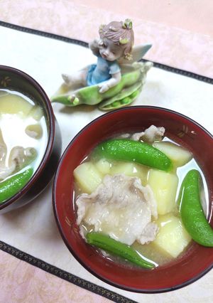 馬鈴薯とバラ肉スナップエンドウ味噌汁♬-レシピのメイン写真