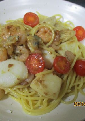ミニトマトと　シーフードのパスタ😋-レシピのメイン写真