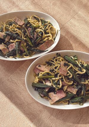 春菊とオクラのジェノベーゼパスタ風-レシピのメイン写真