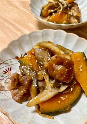 豚こま肉（鶏むね）かぼちゃ舞茸の甘辛炒め-レシピのメイン写真