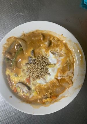 お一人様レンジ梅トマト親子丼味豚平焼き風-レシピのメイン写真