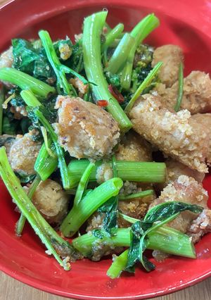 空芯菜炒めと大豆ミート竜田揚げ-レシピのメイン写真