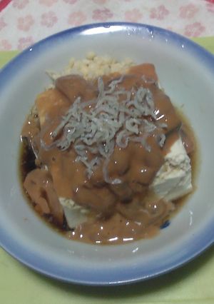 イカの塩辛載せ冷奴＋上干ちりめんのタパス-レシピのメイン写真