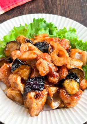 鶏肉とナスとれんこんの甘酢あん炒め-レシピのメイン写真